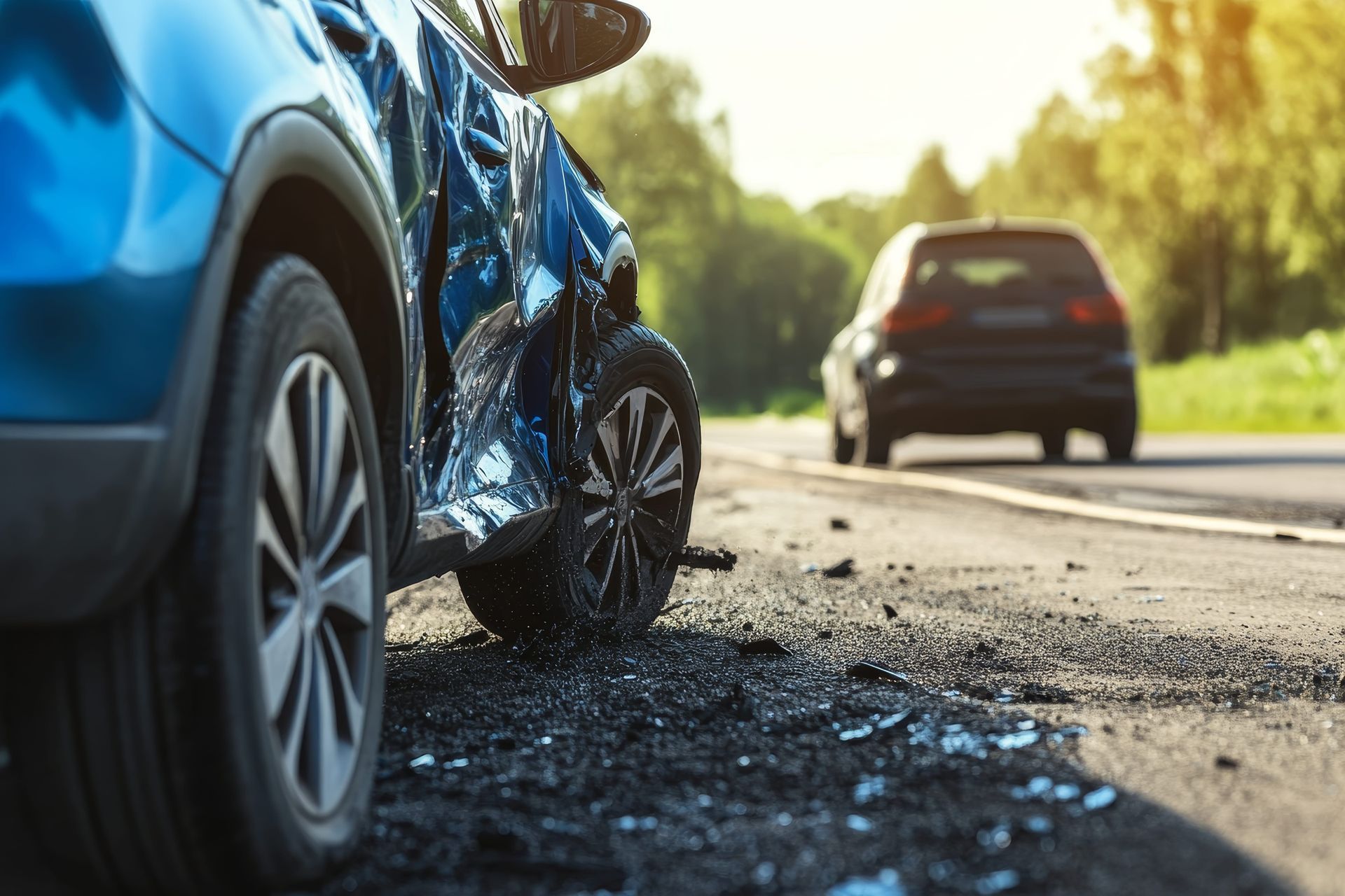 A close-up of a damaged blue car on the side of a road with broken glass, with another car in the background.