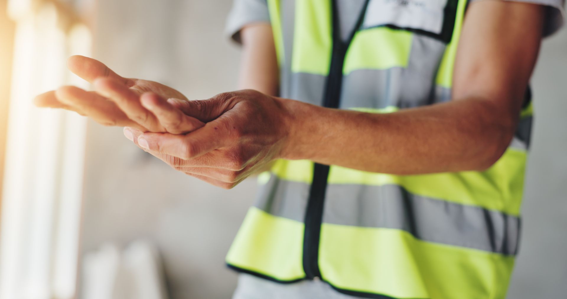 A man in a yellow vest is washing his hands.