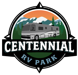 a centennial rv park logo with a rv in the middle