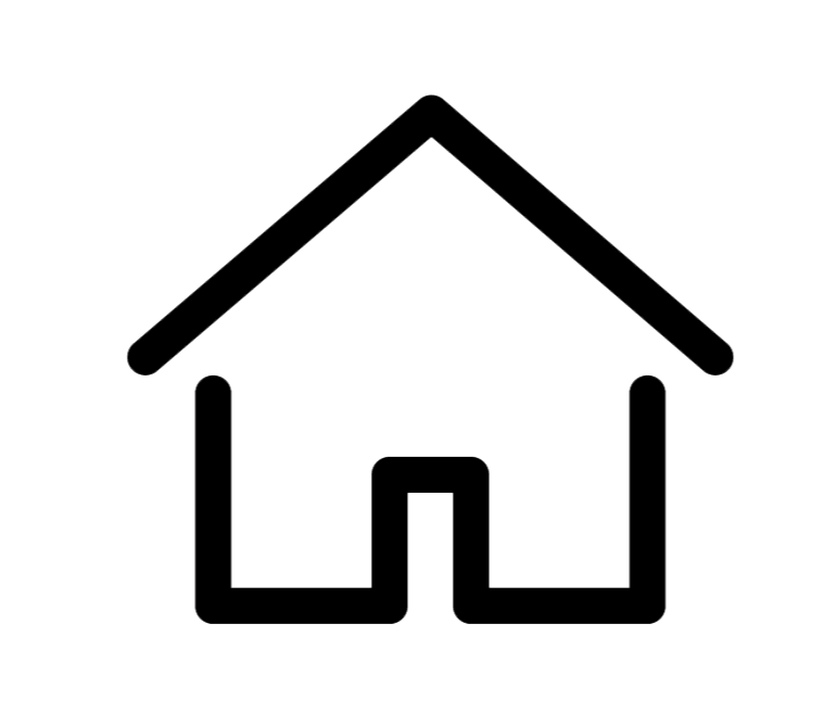 A black and white icon of a house with a roof.