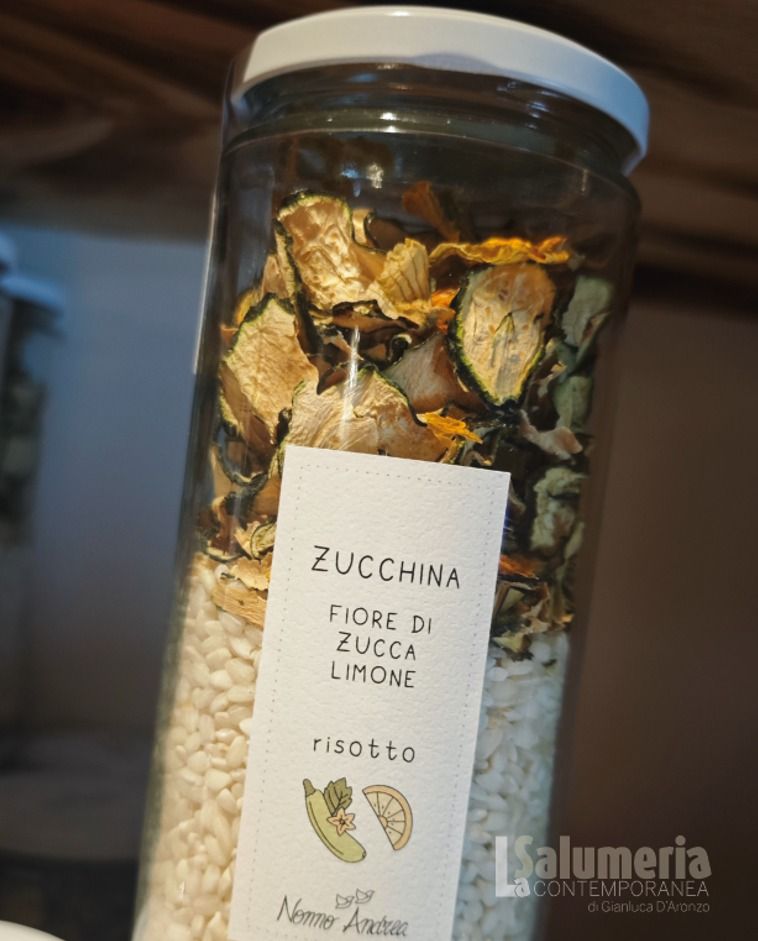 Jar of risotto ingredients, labeled