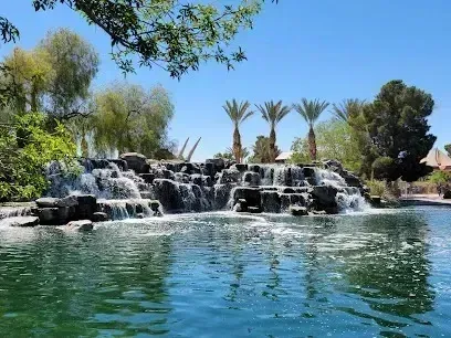 Mobile Detailing-There is a waterfall in the middle of a pond surrounded by palm trees.