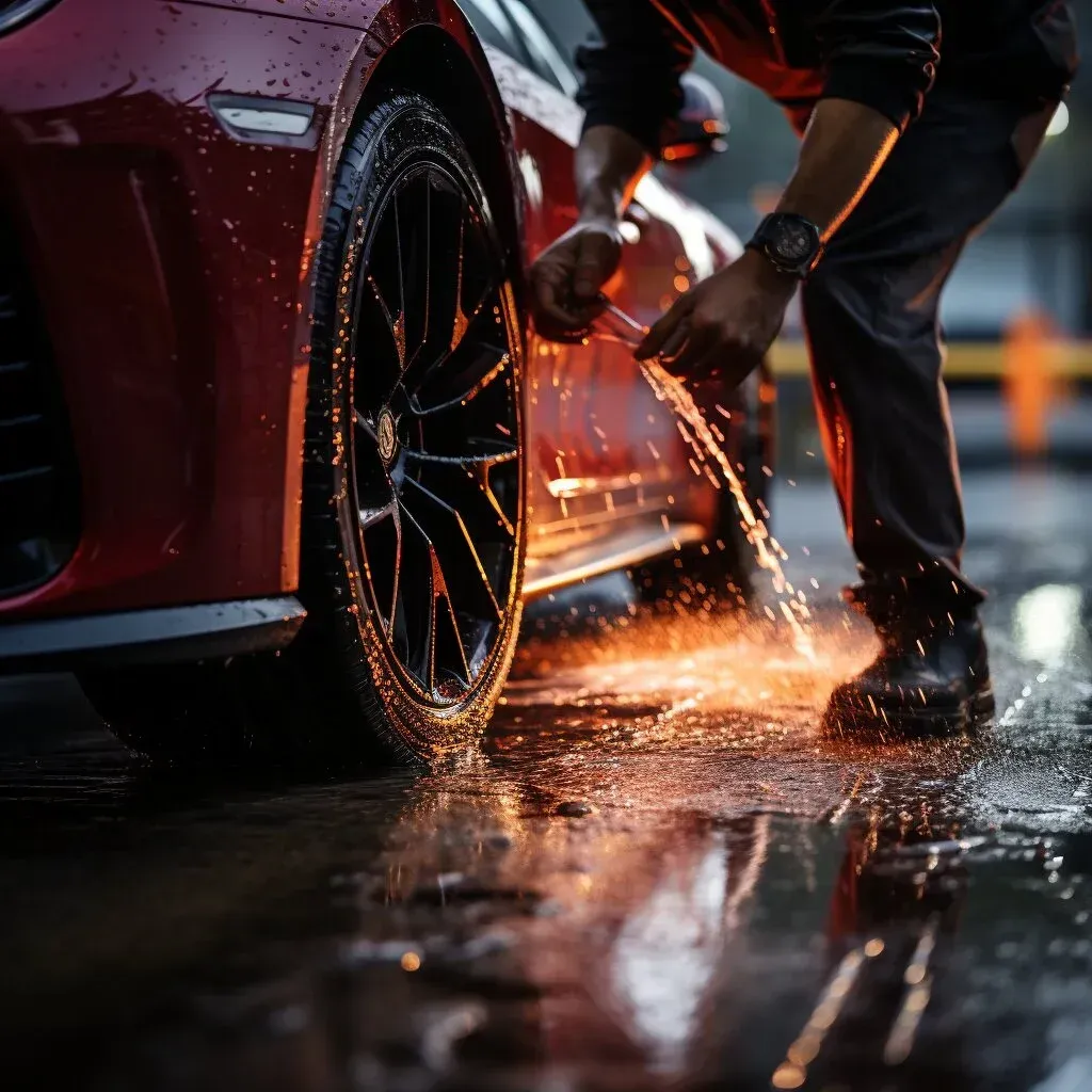 Mobile-Detailing-Person washing a red sports car's tire, water splashing onto a wet ground, reflecting warm tones.