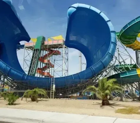 Mobile Detailing-a water park with blue and green slides and palm trees