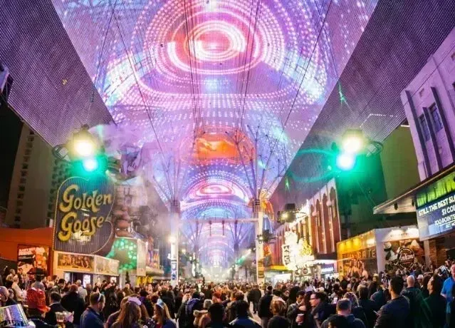 Mobile Detailing-Fremont Street Experience in Las Vegas: Light show canopy over a crowd of people. Bright neon colors, nightlife scene.