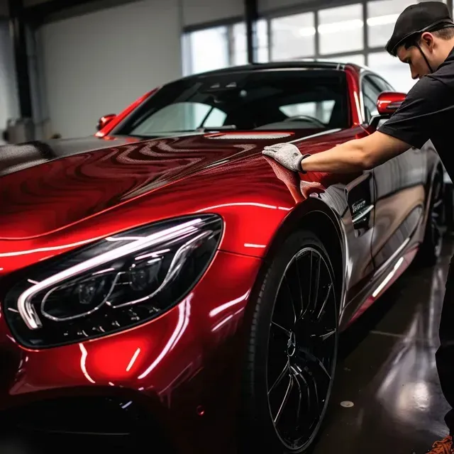 Mobile Detailing - A man is touching the fender of a red car