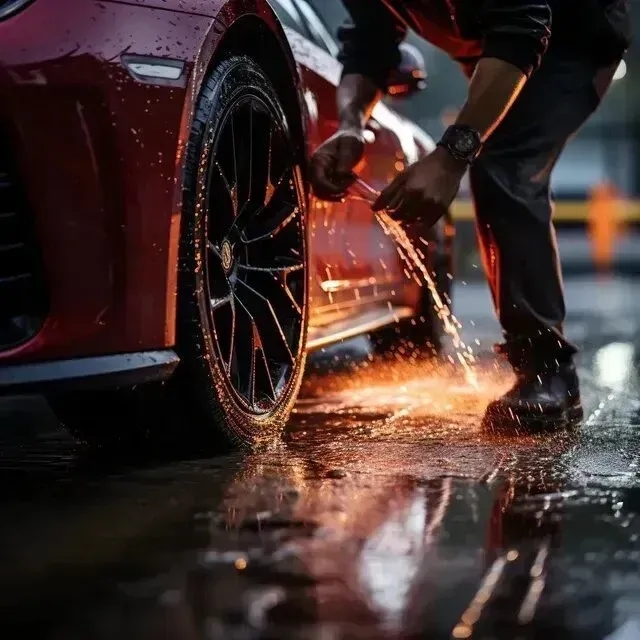  Mobile Detailing - A man is cleaning the tire of a red car in the rain.