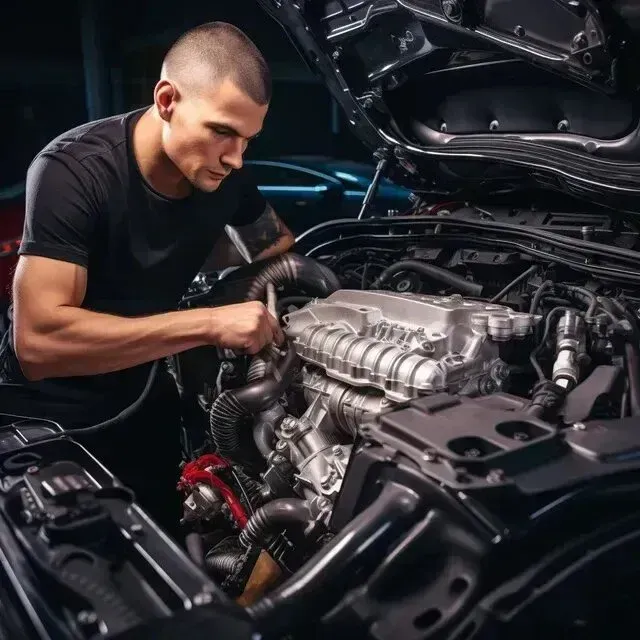 Mobile Detailing - A man is working on the engine of a car with the hood open.