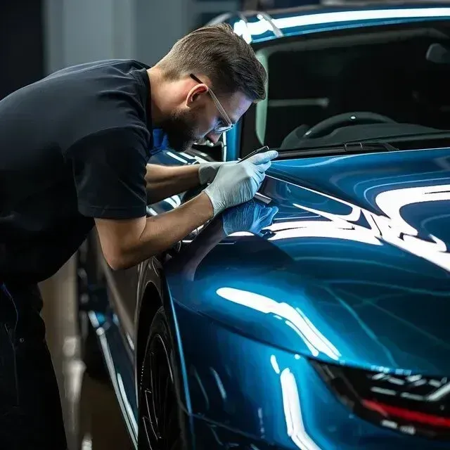 Mobile Detailing - A man is working on the hood of a blue car
