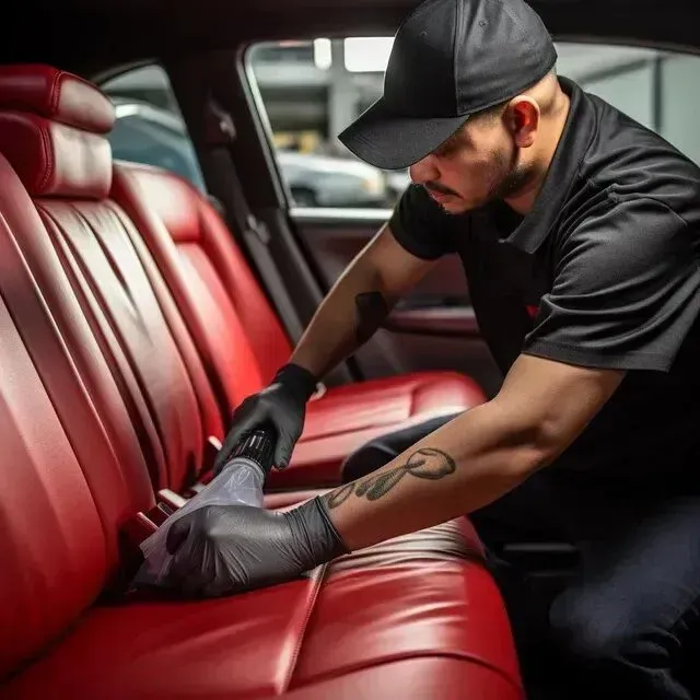 Mobile Detailing - A man with a tattoo on his arm is cleaning the back seat of a car