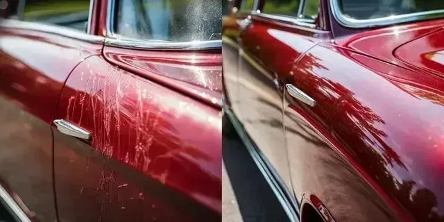 Mobile Detailing - A before and after picture of a red car.