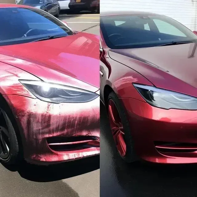 Mobile Detailing - A before and after photo of a red car