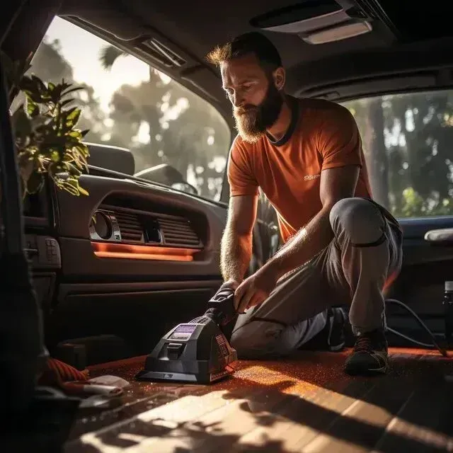 Mobile Detailing - A man is kneeling down in a car using a vacuum cleaner.