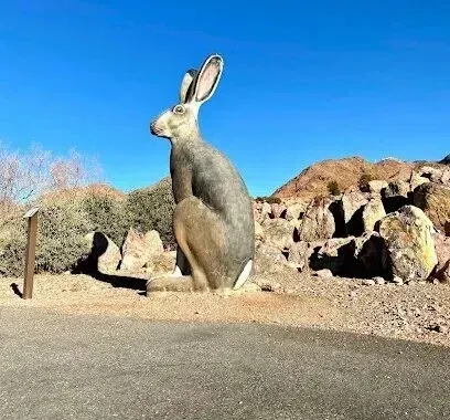 Mobile Detailing-Large gray jackrabbit sculpture in a desert landscape, against a blue sky.