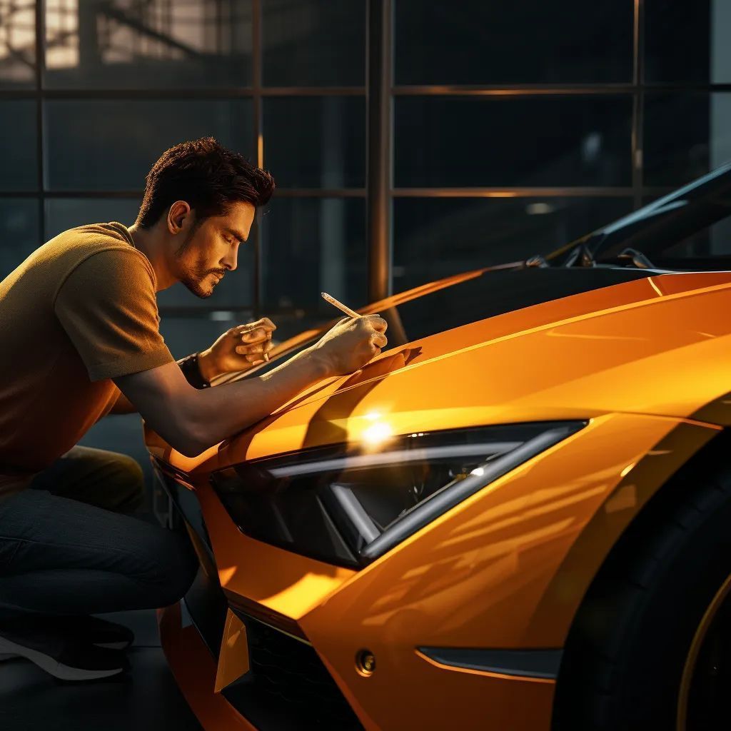 a man is writing on the side of an orange sports car