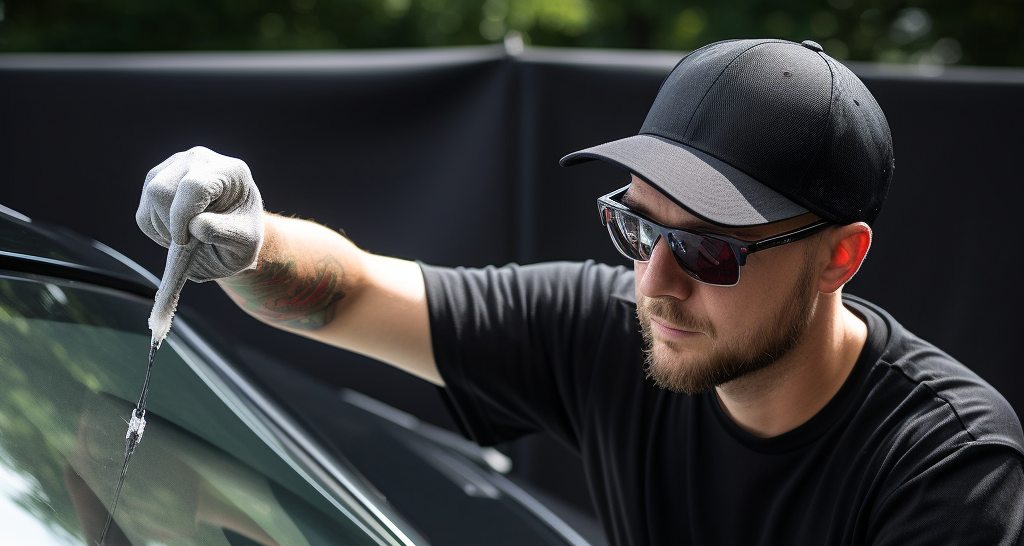 a man wearing a hat and sunglasses is cleaning the windshield of a car .