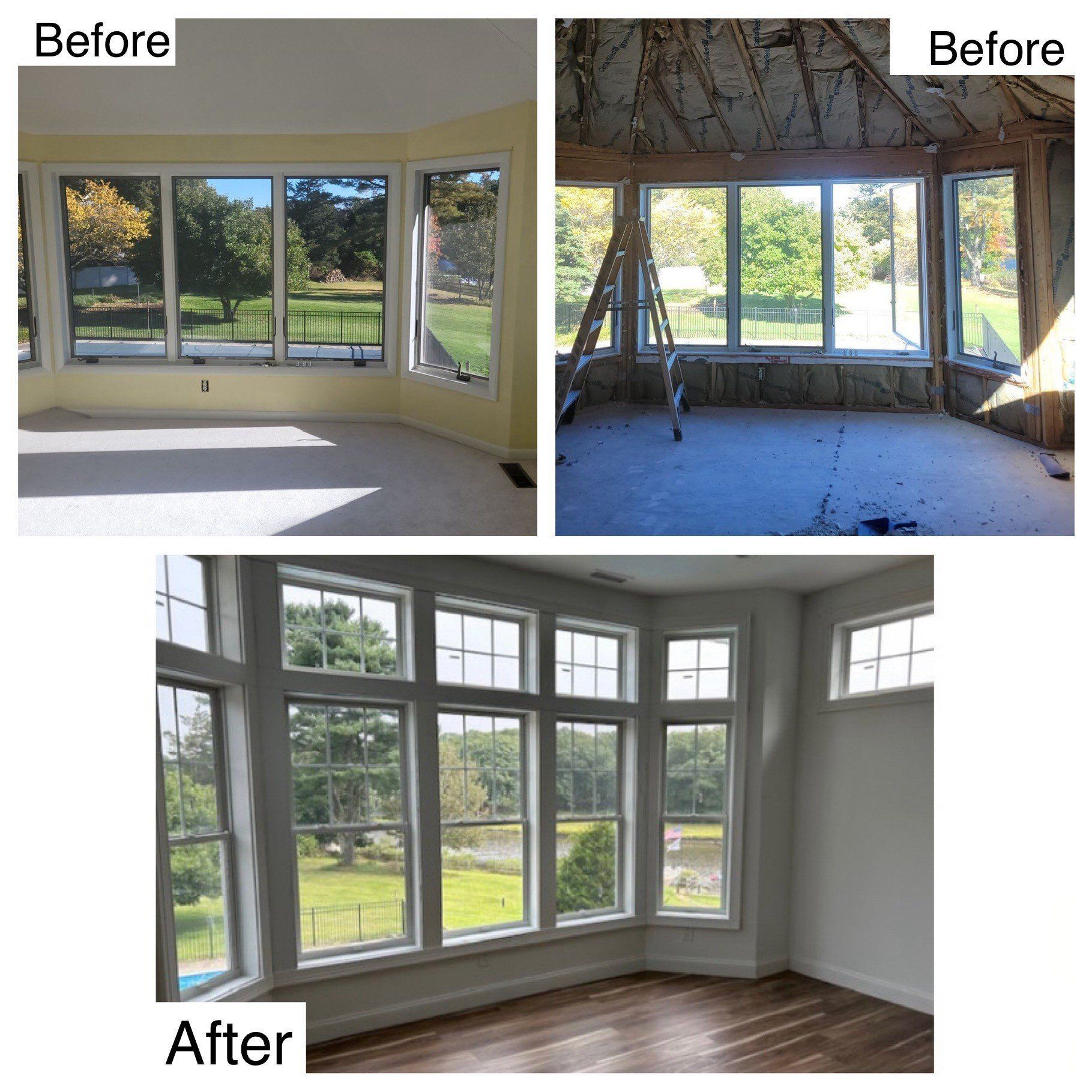 A before and after photo of a room with lots of windows