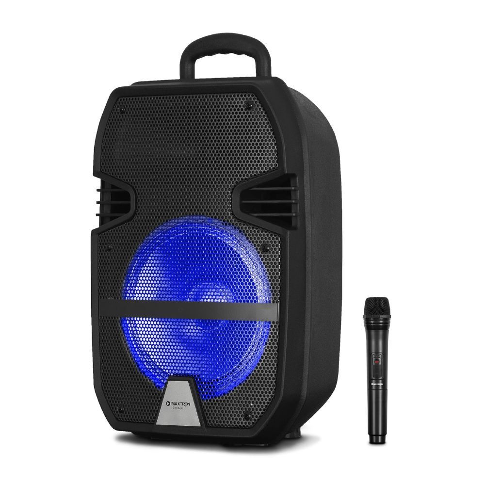 Altavoz portátil negro con luz azul, micrófono y asa de transporte.