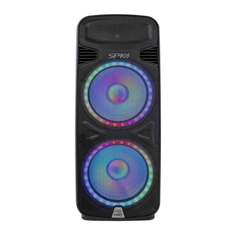 Altavoz negro con dos luces circulares iluminadas multicolor.