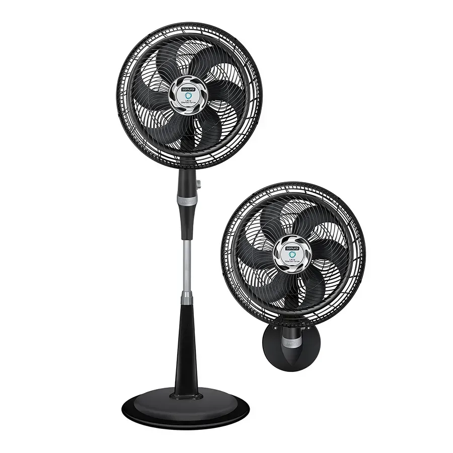 Conjunto de ventilador de pie y ventilador de pared de color negro, ambos con aspas negras y detalles plateados.