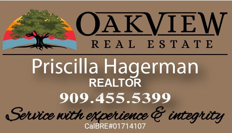 Oakview Real Estate business card for Priscilla Hagerman, Realtor, with phone number and slogan.