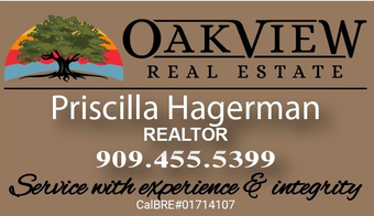 Oakview Real Estate business card for Priscilla Hagerman, Realtor, with phone number and slogan.