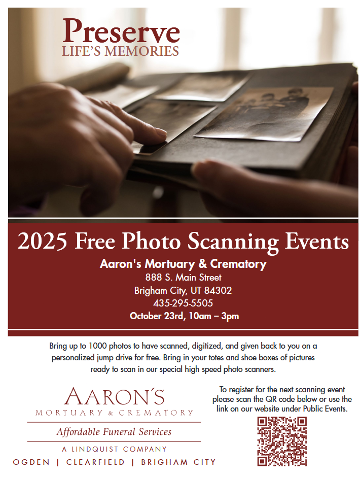 A poster for free photo scanning events at aaron 's mortuary and crematory