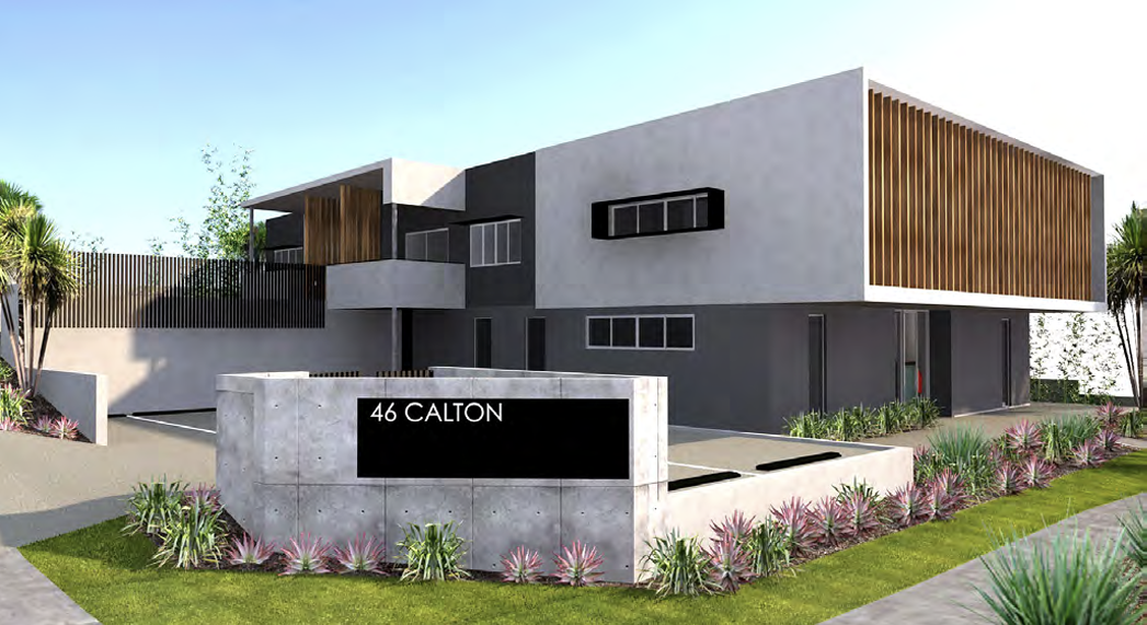 An artist 's impression of a modern house with a sign in front of it.