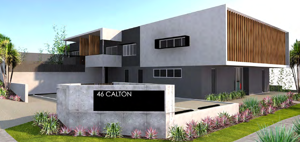 An artist 's impression of a modern house with a sign in front of it.