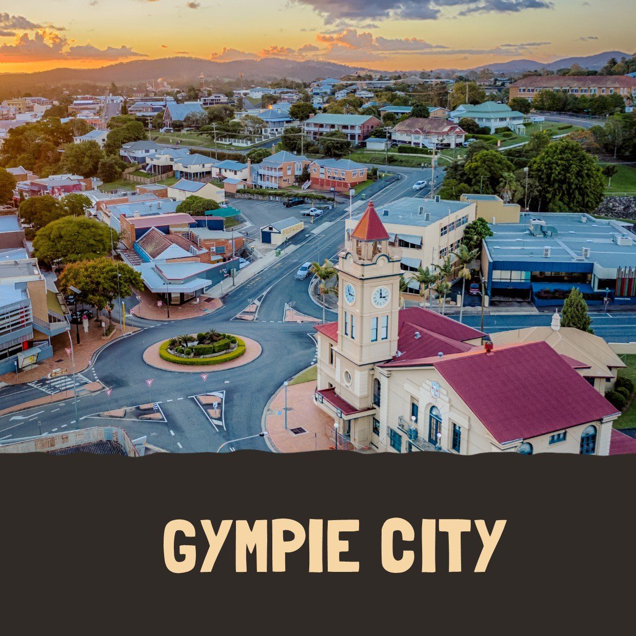 An aerial view of gympie city at sunset