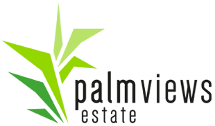 A logo for palmviews estate with a green plant on a white background