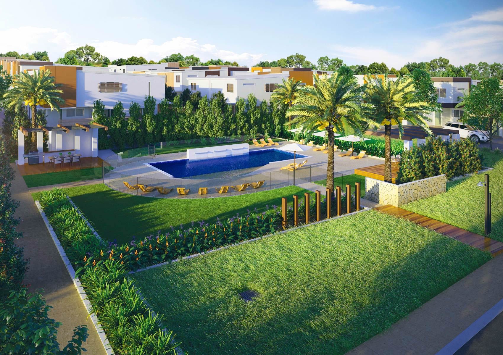 An artist 's impression of a swimming pool surrounded by palm trees