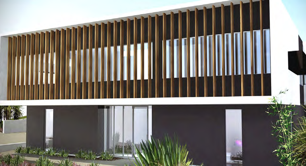 An artist 's impression of a modern house with a wooden facade