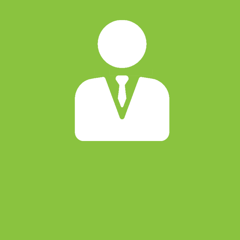 A white icon of a man in a suit and tie on a green background.