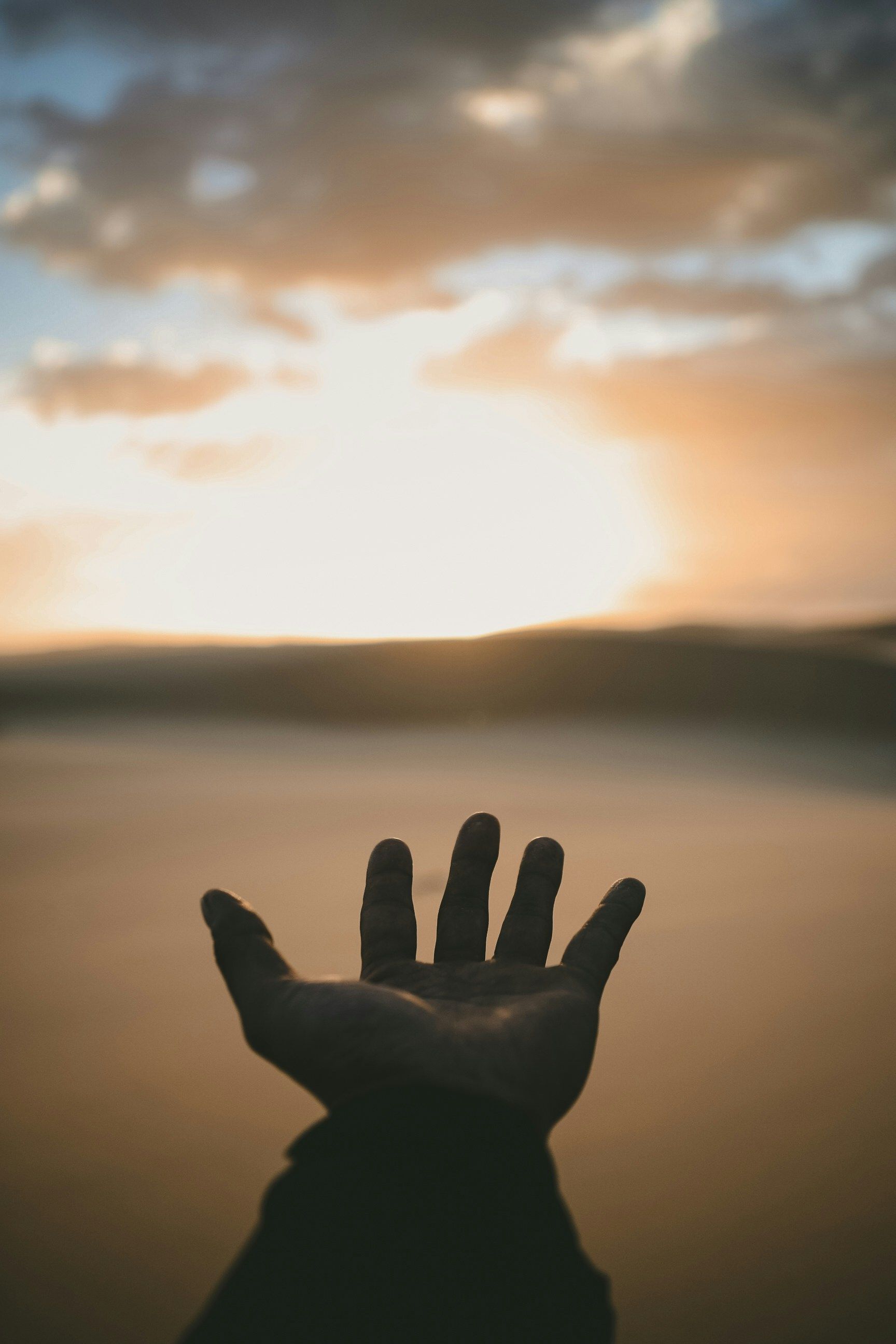 A hand is reaching out towards the sky at sunset.