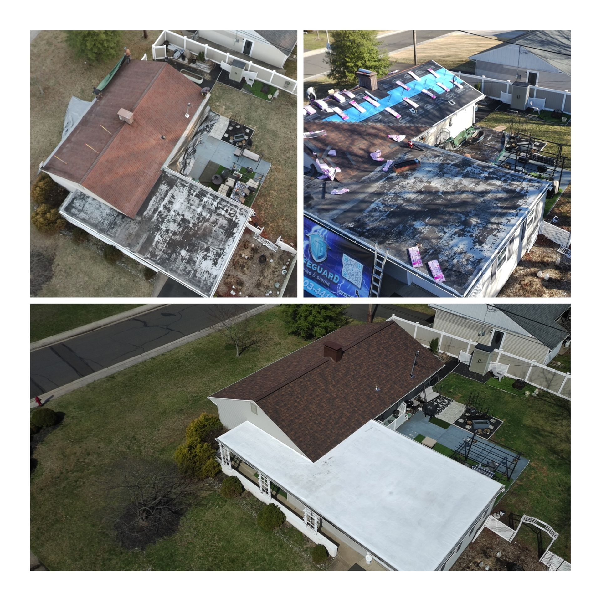 Three images showing a house roof. Top left: old red shingles. Top right: roof removal. Bottom: new brown shingles.
