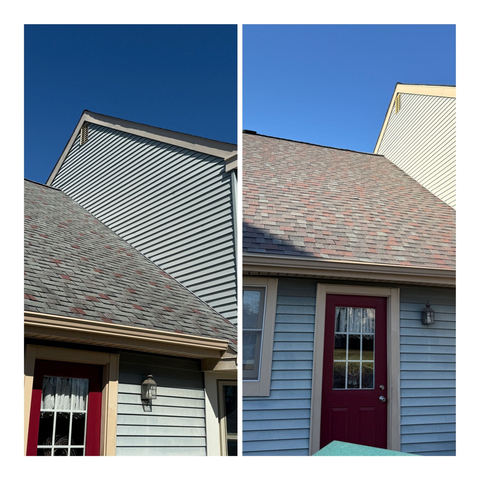 Two-panel view of a house exterior with a red door and blue siding. The roof has circular shingle patterns.