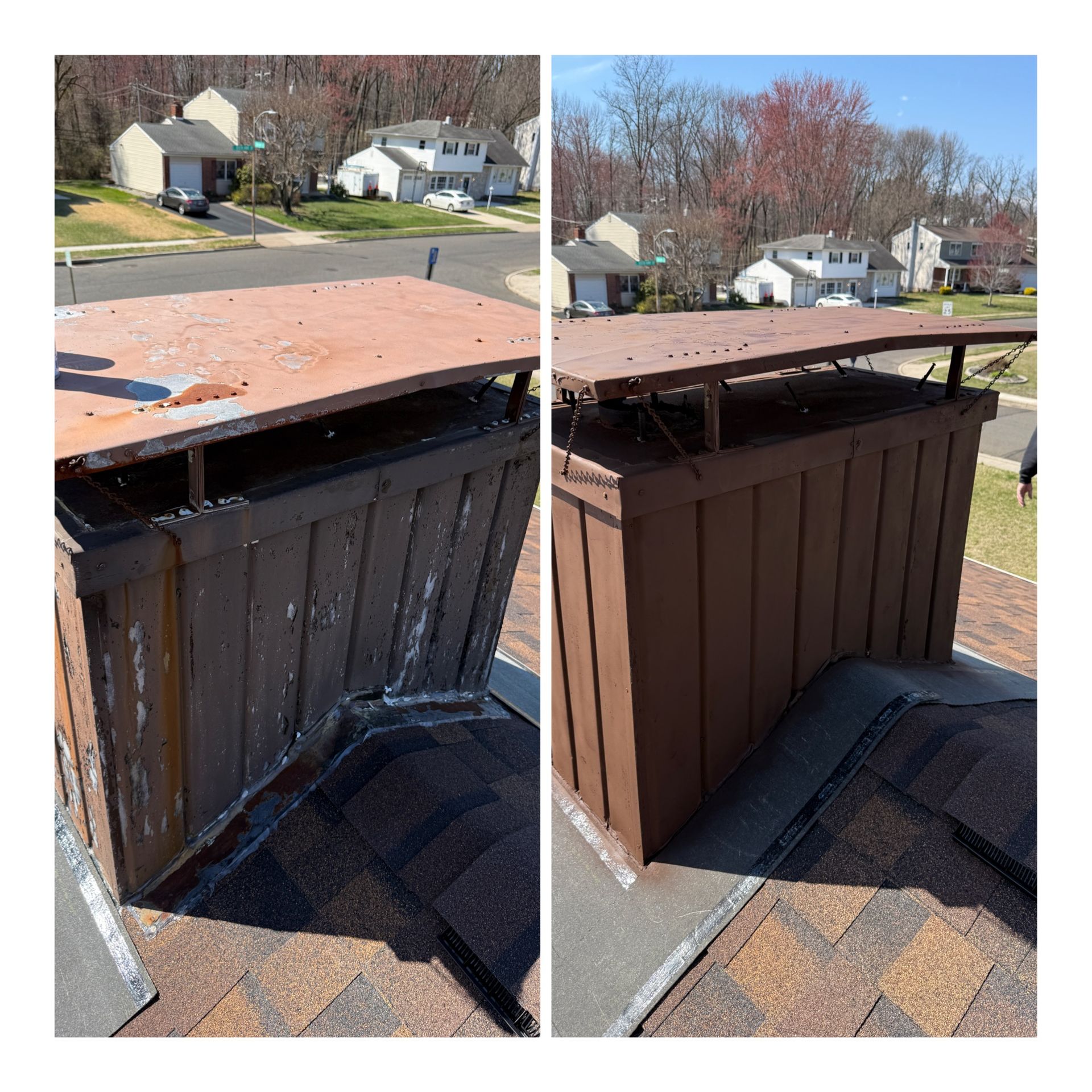 Before and after of a chimney repair. The old chimney is brown and worn. The repaired chimney is a new brown.