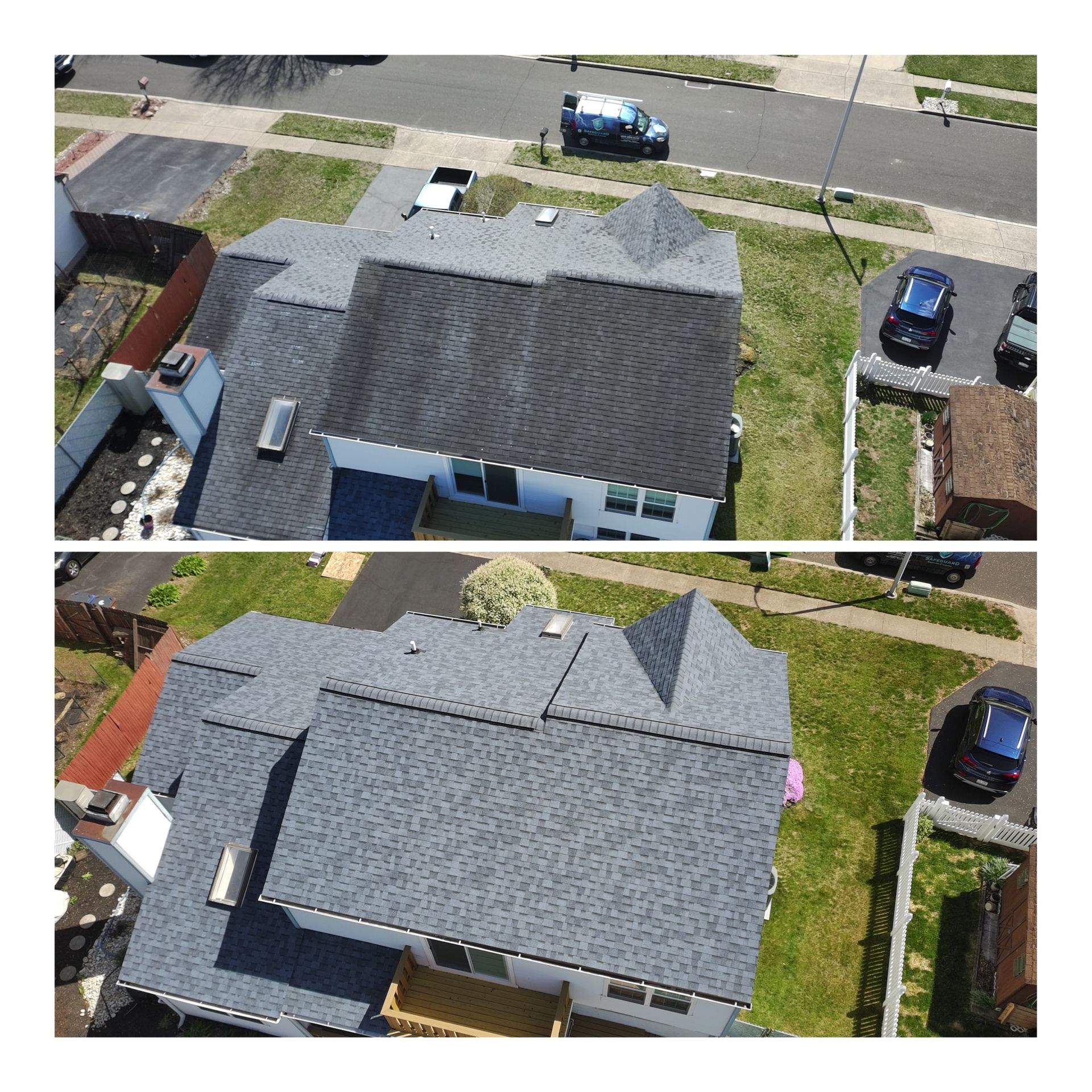 Two aerial views of a house with a gray roof, showing before and after roof cleaning.