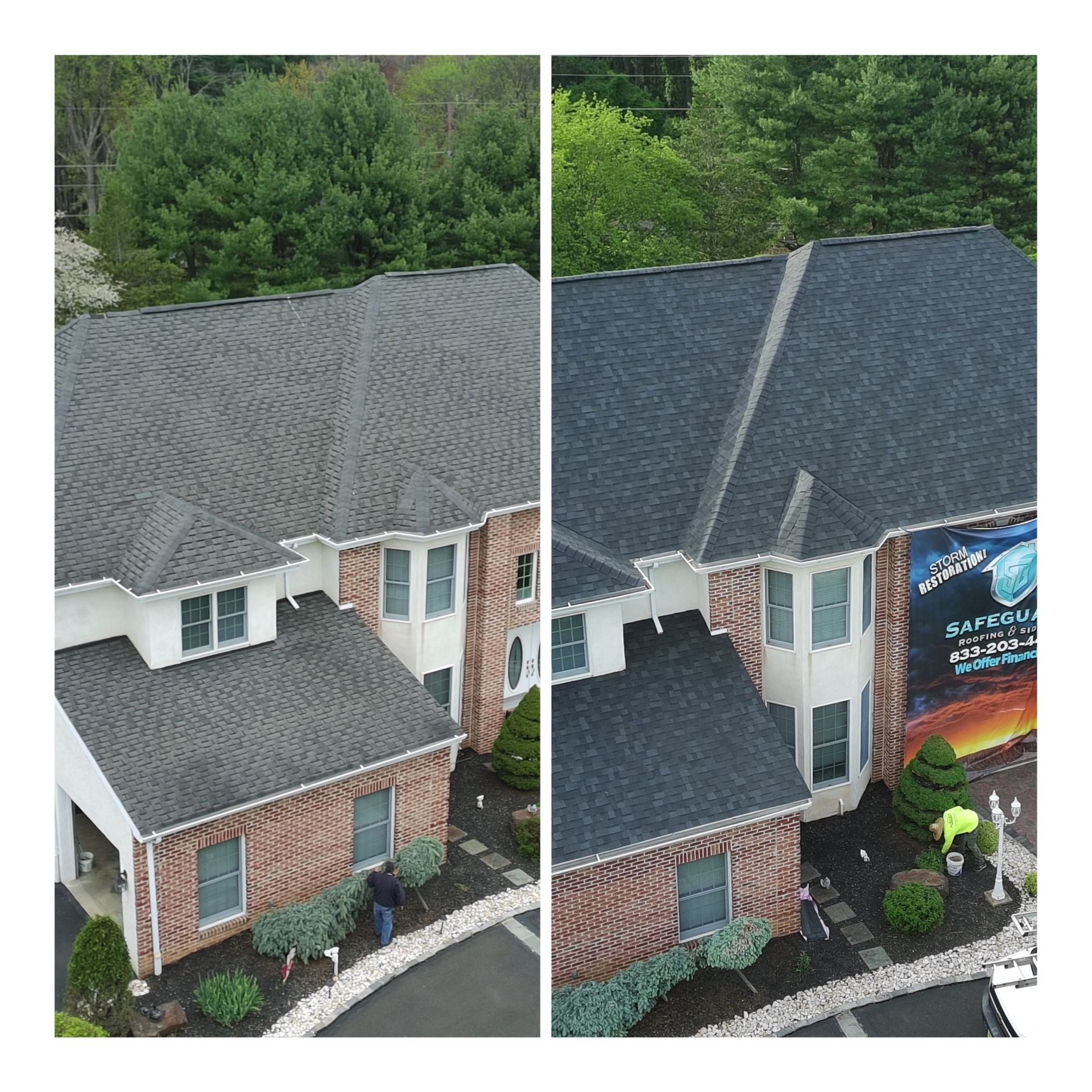 Two aerial views of a house roof before and after cleaning. The cleaned roof is significantly brighter.