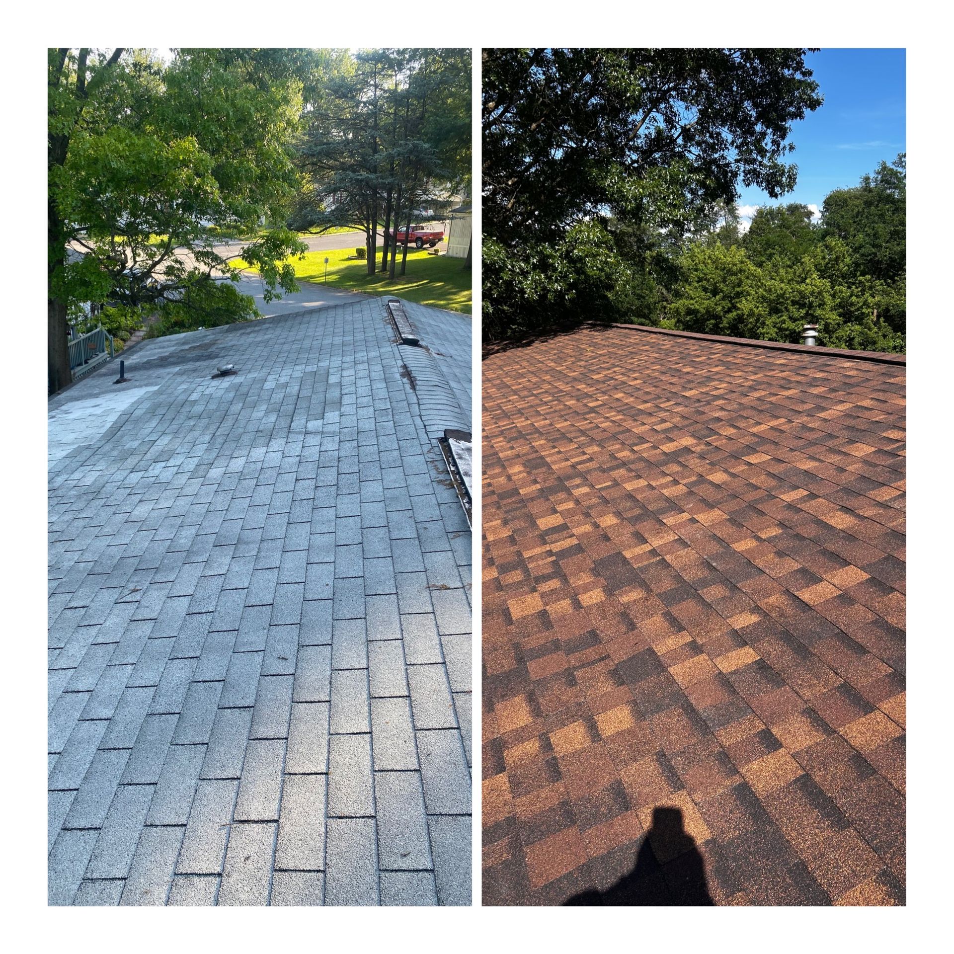 Before and after of a roof. Left is faded gray. Right is new brown shingles.
