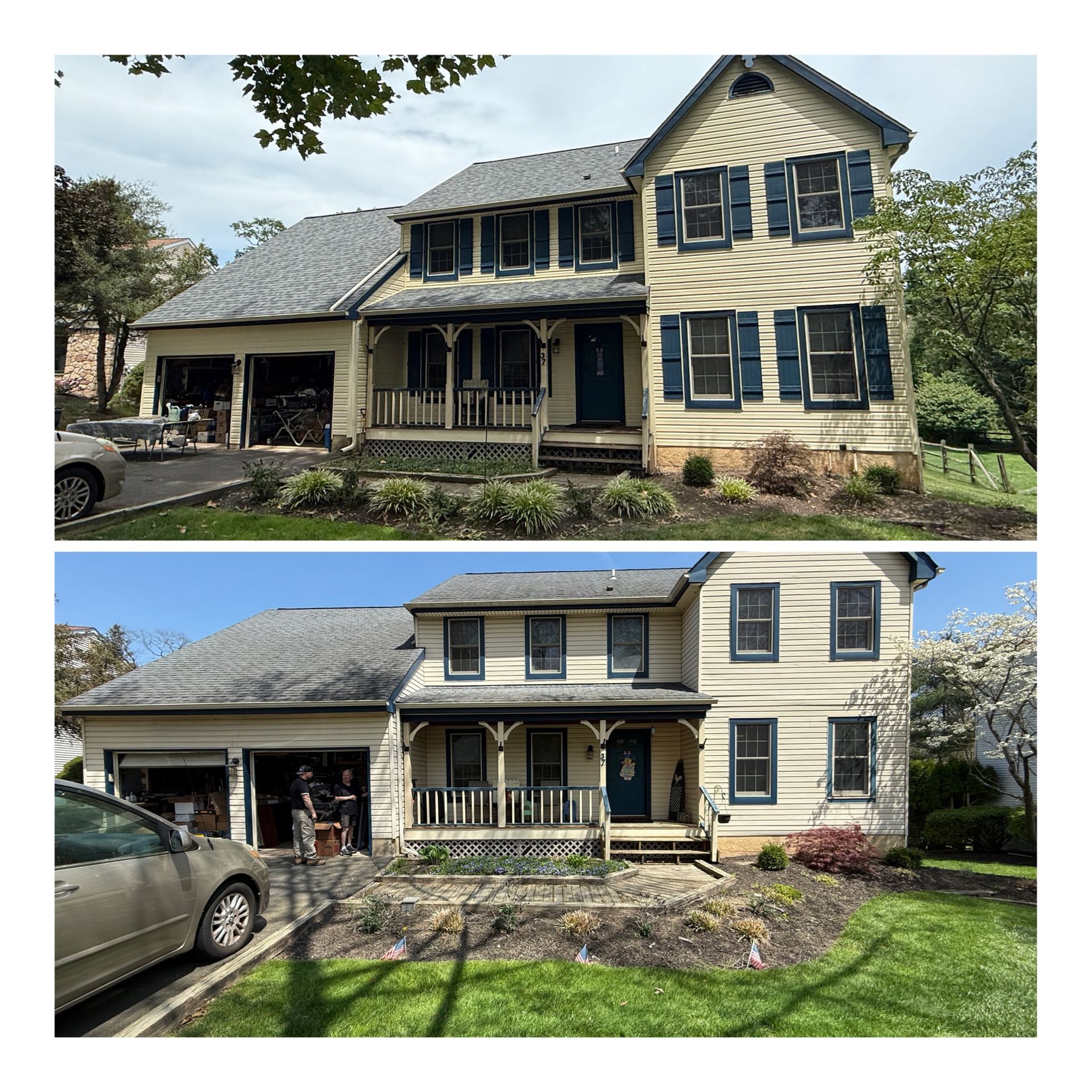 Two-story house before and after painting. Light yellow exterior, blue shutters and door, gray roof.