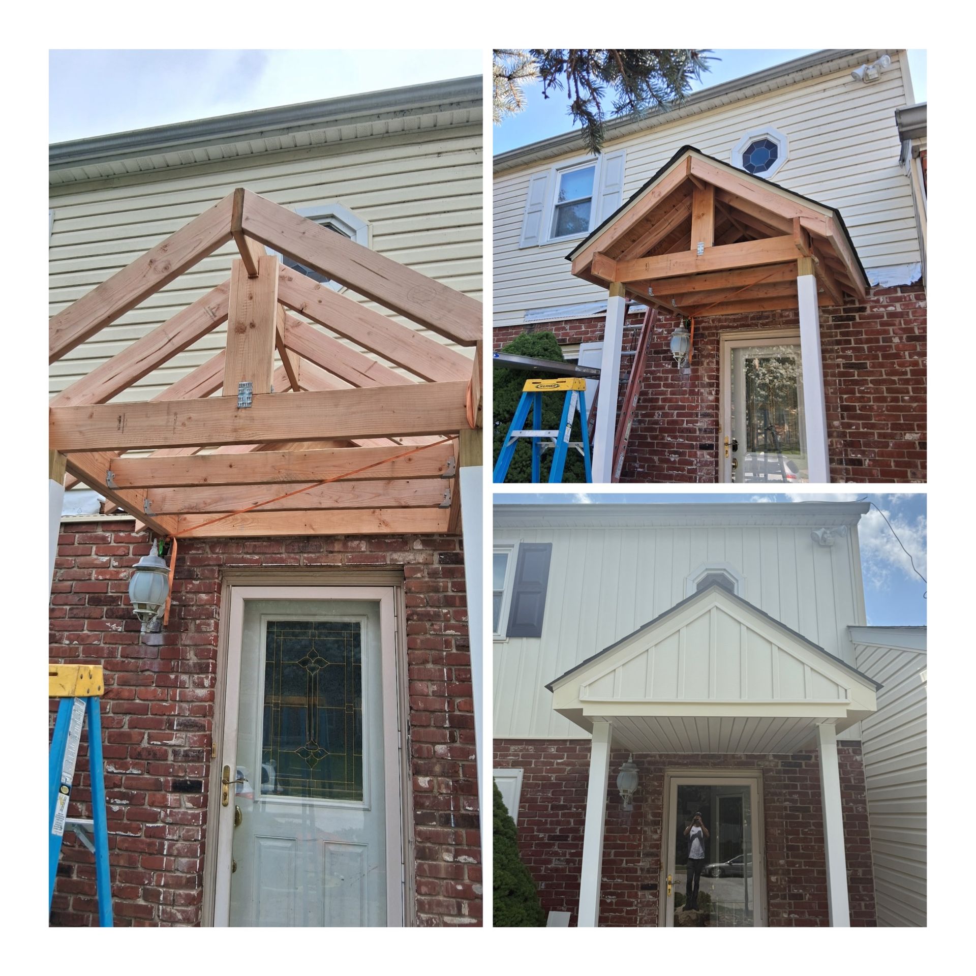 Construction of a wooden porch cover above a brick doorway. Stages show the frame build, installation, and finished product.