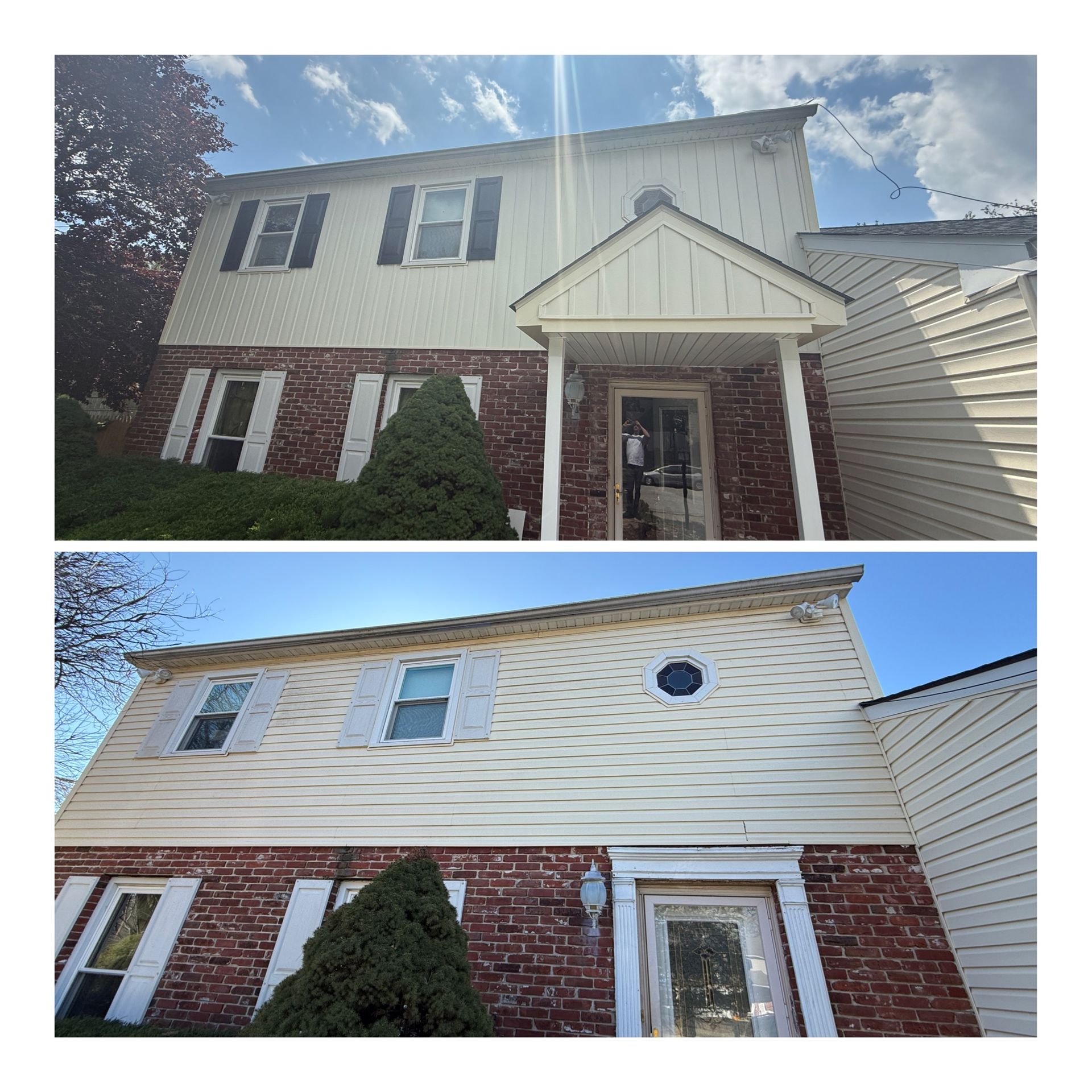 Two-story house before and after cleaning: beige siding, brick facade, blue sky.