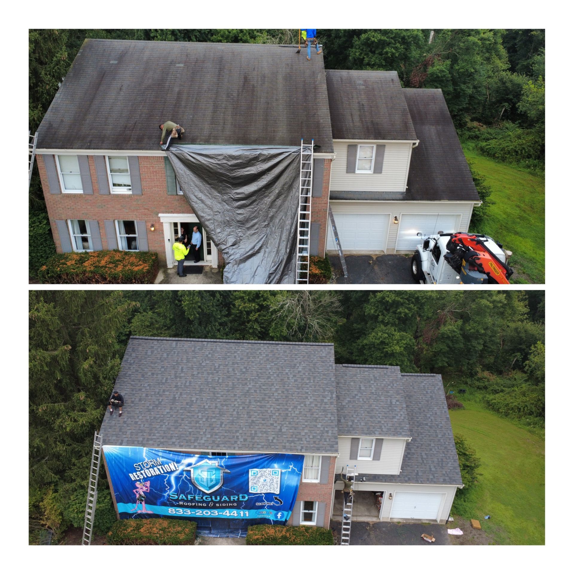 Two photos show a house roof: top shows a damaged roof under a tarp, bottom shows the new roof with a promotional banner.