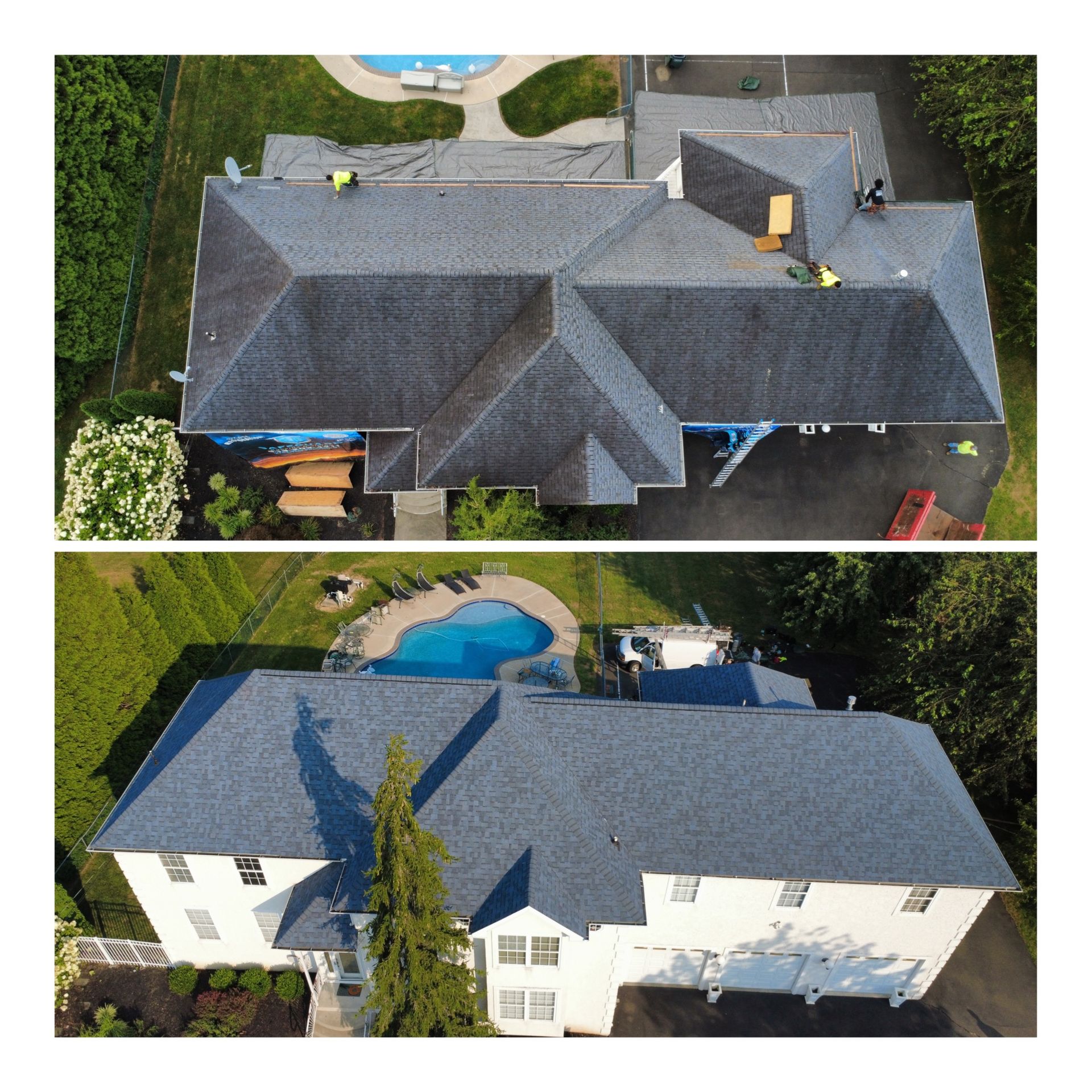 Top-down view shows a house roof before and after a roof replacement. Old roof is gray, new is blue.