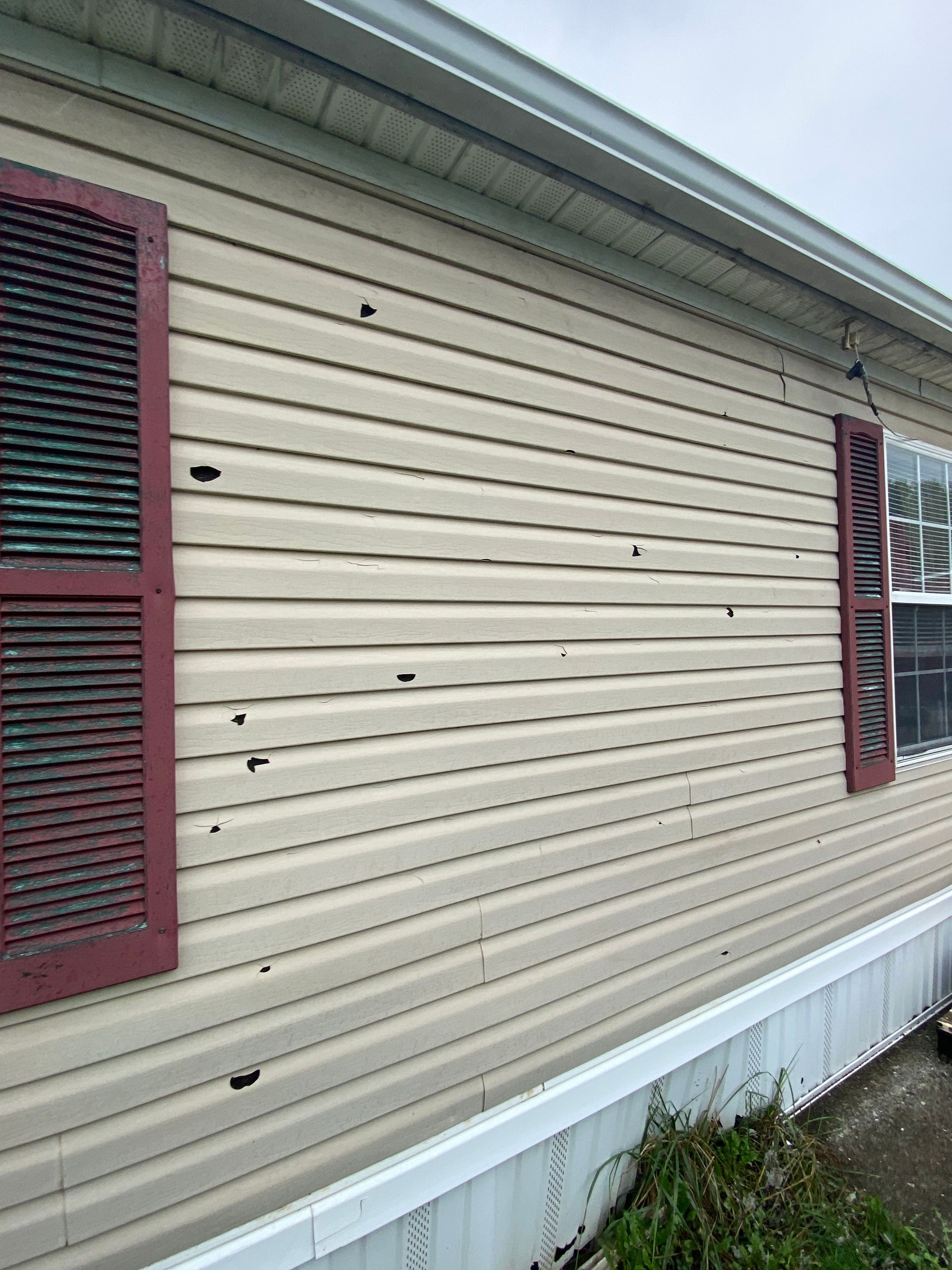 Beige siding of a house with multiple bullet holes; red shutters on the left and right side of a window.