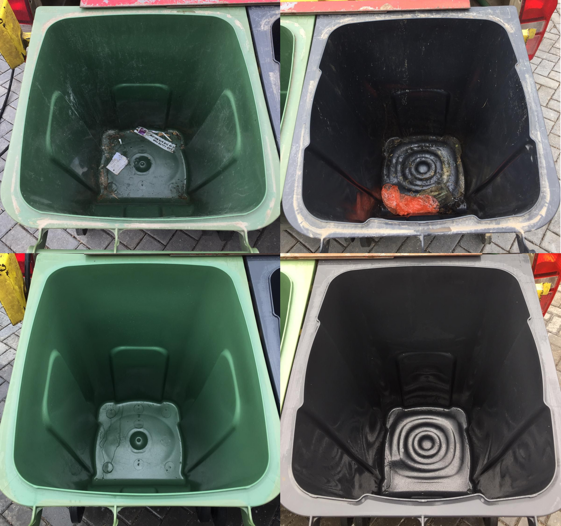 An image of green waste bin and black waste bin before cleaning and after cleaning.