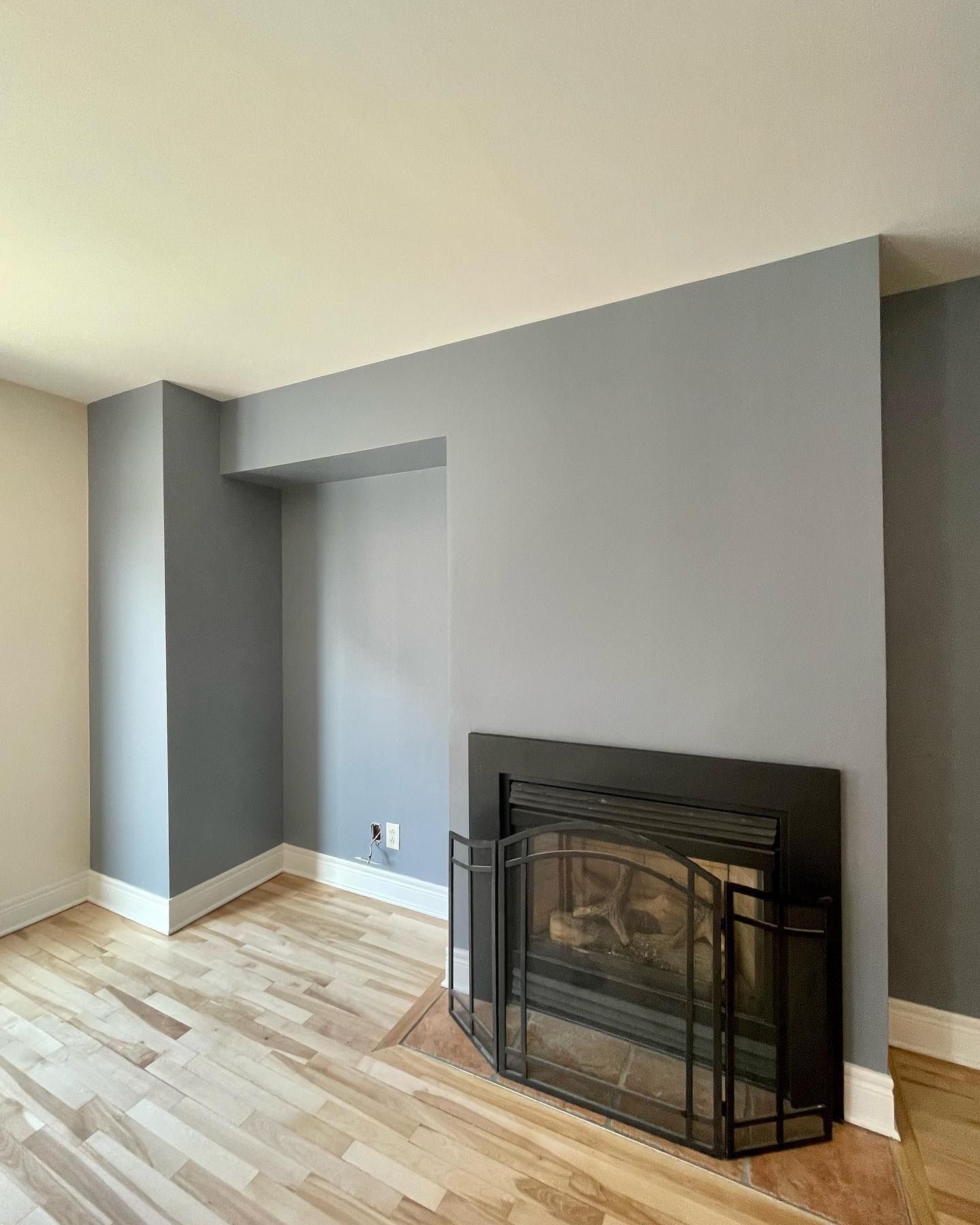 Un séjour avec cheminée et parquet.