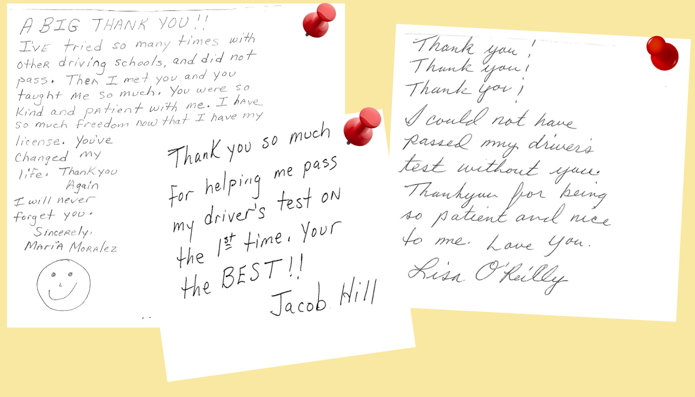 Three handwritten notes pinned on a yellow background, with a small smiley doodle and red pushpins.